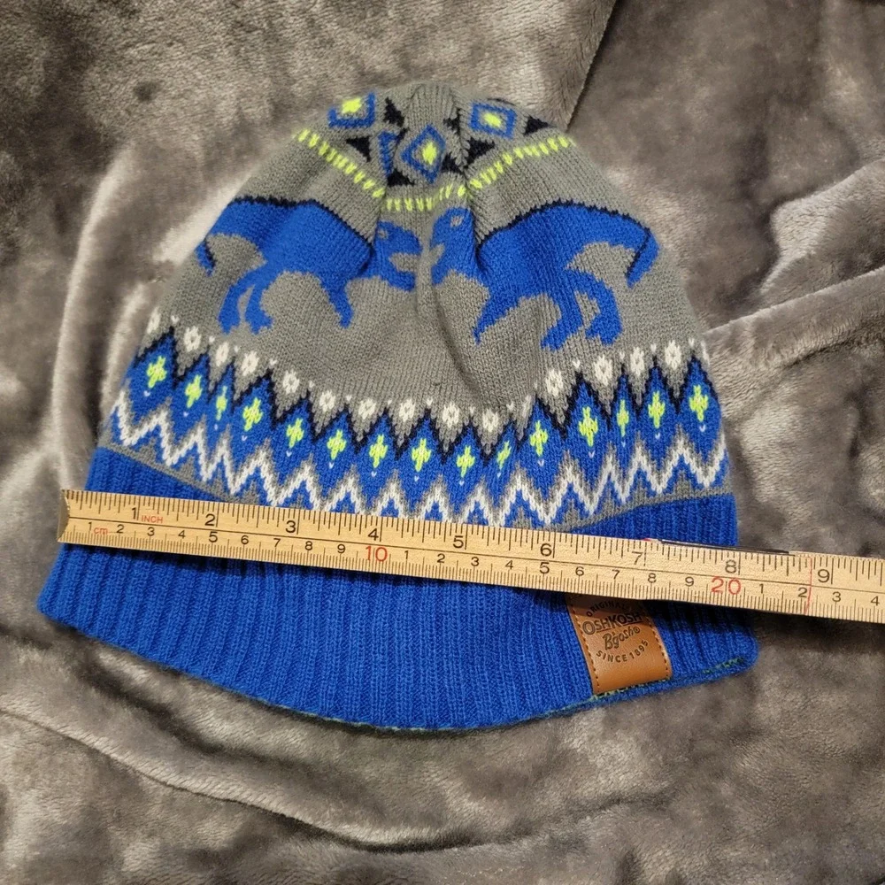 OshKosh Beanie Kids 8-14 Blue Grey Excellent Reversible Dinosaur & Isle Stripe